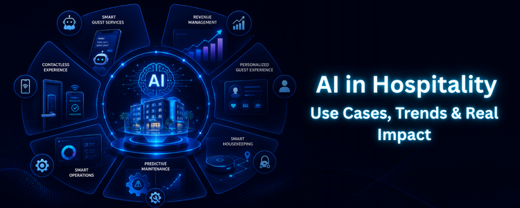 AI in hospitality infographic showing key use cases — smart guest services, revenue management, contactless check-in, and predictive maintenance
