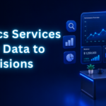 Data analytics services dashboard showing revenue, performance overview, and data flow charts for business decision-making