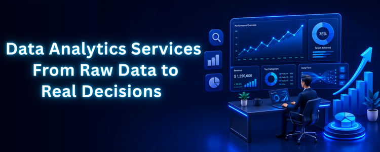 Data analytics services dashboard showing revenue, performance overview, and data flow charts for business decision-making