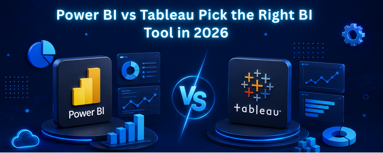 Power BI vs Tableau comparison graphic showing both BI tool logos and dashboards facing off for 2026