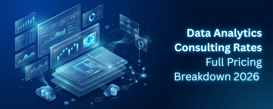 Data analytics consulting rates full pricing breakdown 2026 banner with dashboard visualization