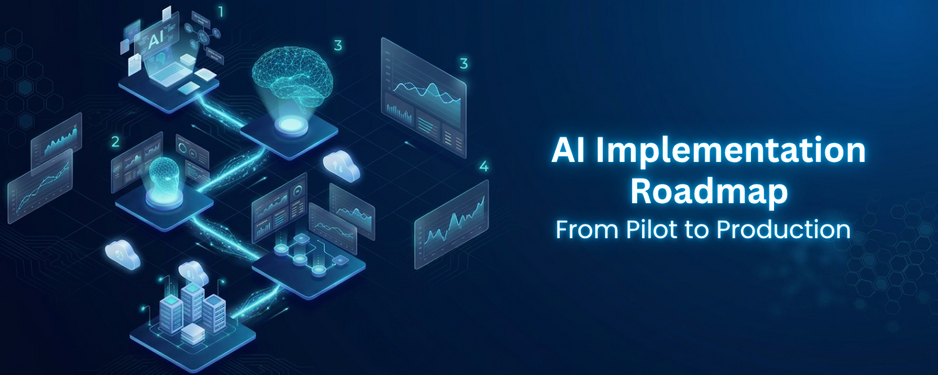 AI implementation roadmap infographic showing four-stage AI pilot to production journey with data analytics dashboards.