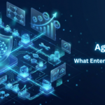 Agentic AI ROI banner showing enterprise AI agent network connected to KPI dashboards, ROI charts, and automation workflows.