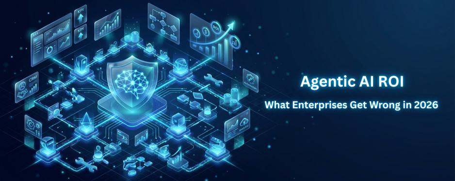 Agentic AI ROI banner showing enterprise AI agent network connected to KPI dashboards, ROI charts, and automation workflows.