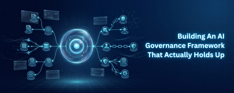 Building an AI governance framework that actually holds up — banner showing connected AI system nodes for governance, compliance, and security