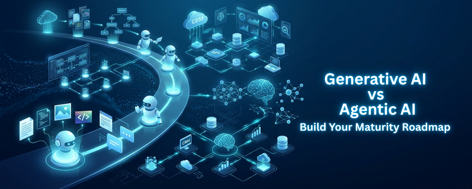 Generative AI vs Agentic AI: Build Your Maturity Roadmap — enterprise AI banner with connected agents, data pipelines, and CRM integrations